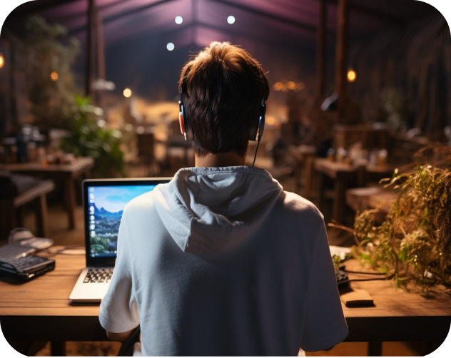 A boy sitting a computer in an open, relaxing environment.