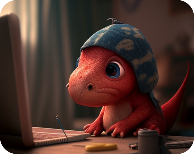 A delightful and cute red baby dinosaur shopping on a laptop.