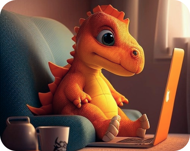 A yellow baby dinosaur staring at a computer.